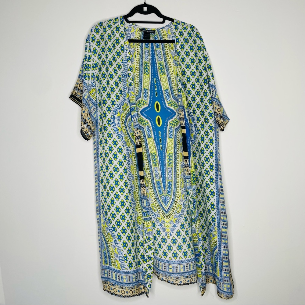 Ashley Stewart Plus Size Vibrant Blue & Lime Patterned long Kimono Size 18/20